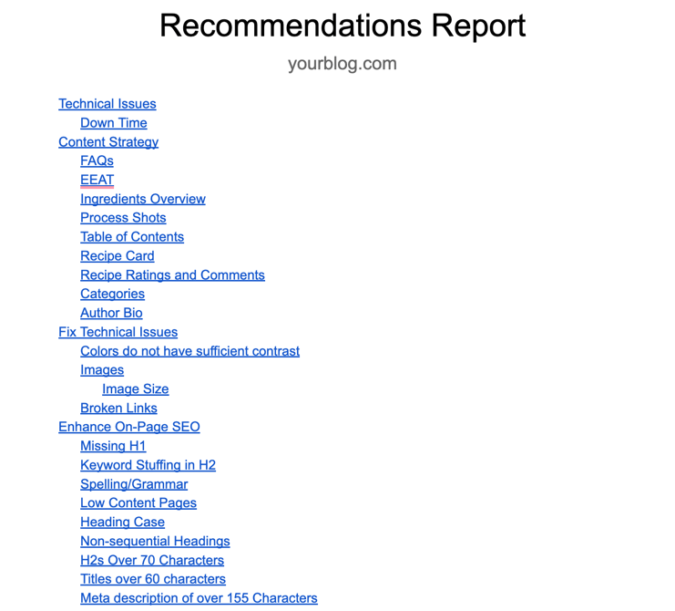 RTW SEO Recommendations report screenshot